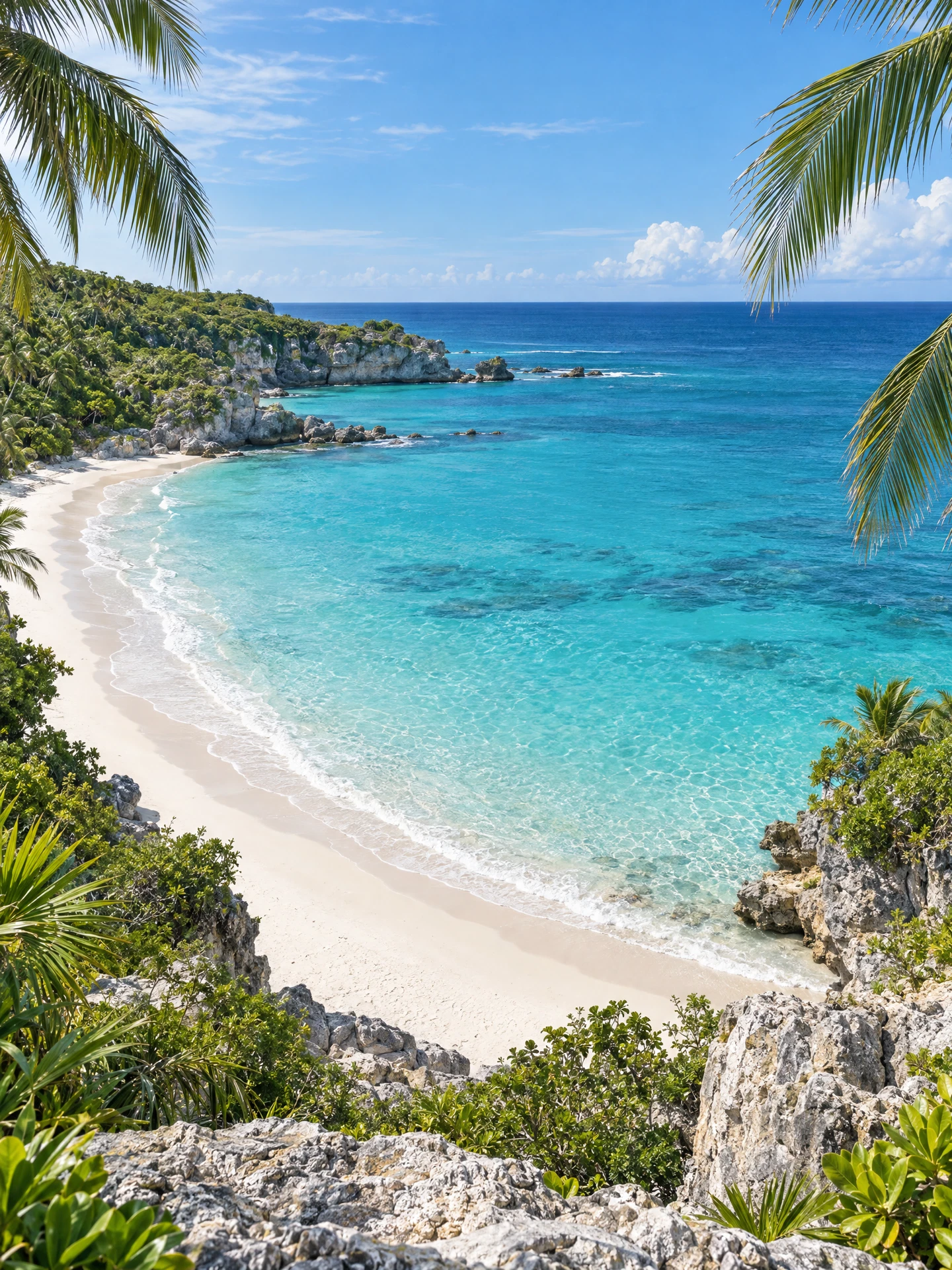 Illustrative sunlit vacation coastline: clear turquoise water, a crescent of pale sand and lush palm-framed coastal greenery, with no people.